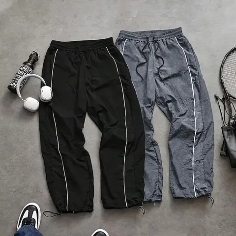 Men's Lightweight Breathable Wide Leg Pants - Reflective Stripe Casual Track Pants with Adjustable Drawstring & Cuffs