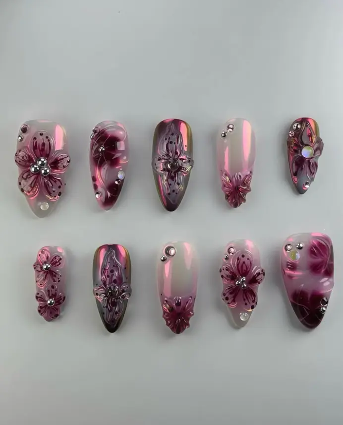 Cherry Blossom Chrome Press On Nails | Pink Jelly Base with 3D Plum Flowers & Rhinestones | Elegant Floral Nail Art in Glossy Ombre Finish