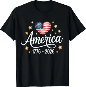 Pretty Flag Heart 1776 2026 July 4th 250th Birthday T-Shirt