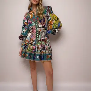 Women's 2026 Spring New Bohemian Casual Cotton Fabric Fit Vintage Short Dress - Ruffled, Waist-Cinching, Cross-Border European And American Style