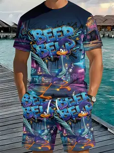 Men's 3D Digital Printed Two-piece Set with Street Graffiti Bird Pattern, 2 Pieces, Trendy Fashion Outfit, Retro Casual Suit, Vacation-style Trendy Wear, Breathable Sporty Casual Style, Ideal Festival Gift for Men