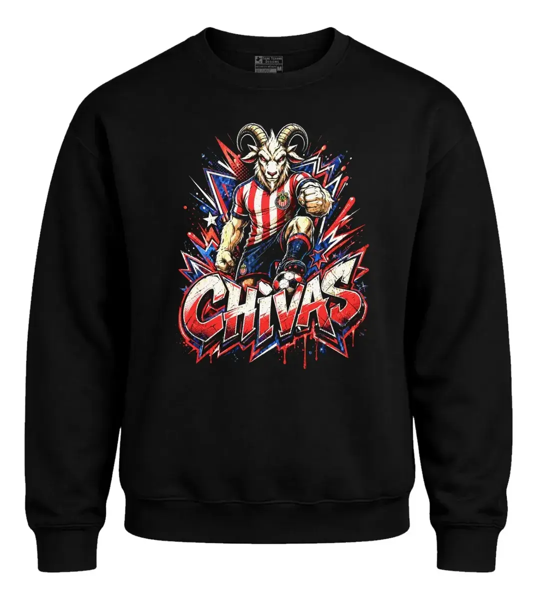 Chivas Guadalajara Men's Soccer Poly Cotton Crewneck Sweatshirt - Menswear Round Neck Long Sleeve Loose Casual Outfits, Vintage Goat Graphic Street Style Mexican Football Fan Top Gift