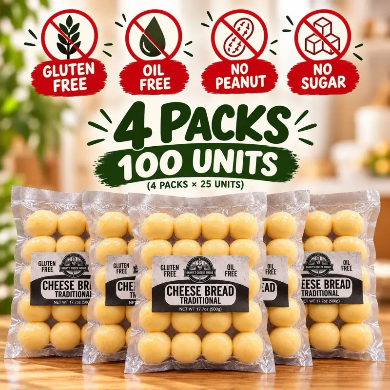 Traditional cheese bread combo, a total of 100 units, each bag contains 25 units. , Gluten free and oil free Tradicional Cheese Bread - Perfect for Snacking -