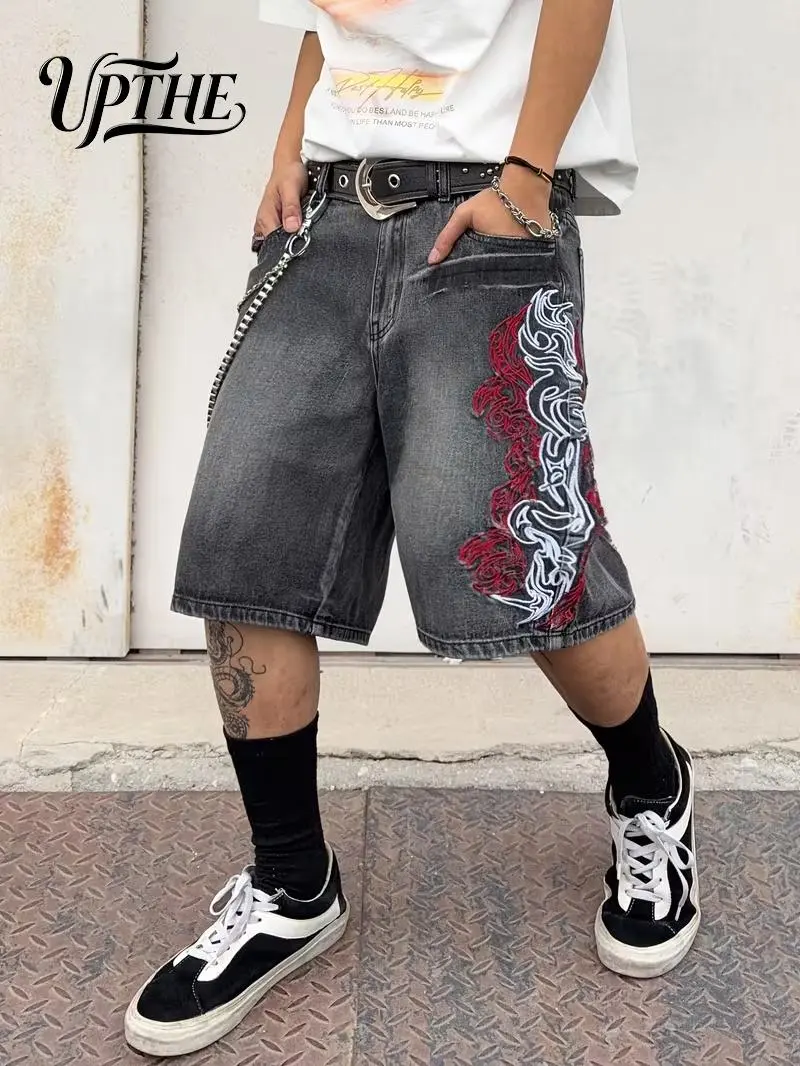 UPTHE Vintage Black Wash Flame Embroidery Baggy Denim Jorts, Y2K Streetwear Loose Knee Length Jean Shorts, Casual Daily Outfit Oversized Bermuda Shorts For Men