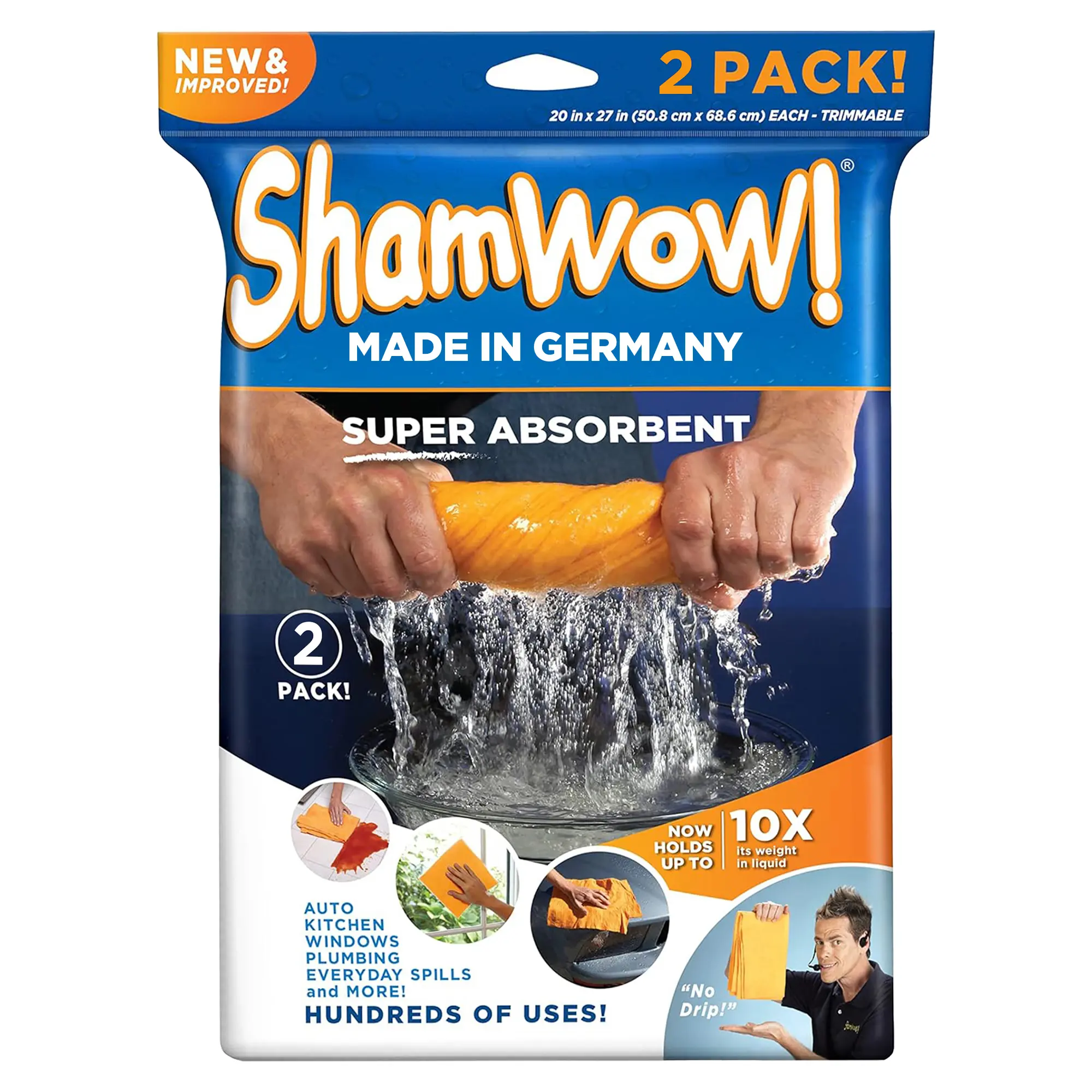 ShamWow Original Super Absorbent Cleaning Towel 20x27 in | Multi-Purpose Shammy Chamois Cloth | Machine Washable Reusable German-Made | Dries Cars, Kitchen, Pets & More | As Seen On TV (2/4/8 Pack) Lightweight Microfiber