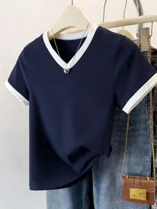 Women's Casual Solid Color Fitted T-Shirt, Round Neck Short Sleeve, Comfortable Daily Wear Top, Stylish Ladies' Basic Tee, Minimalist