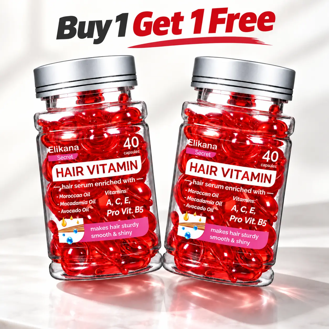[BUY 1 GET 1 FREE] 40-Capsule Oil Hair Products - Argan, Avocado & Moroccan Oils, Vitamins A,C,E,Pro B5 - Leave-In Frizz Fighter, Apply Drops for Damaged Hair & Silky Straight Results