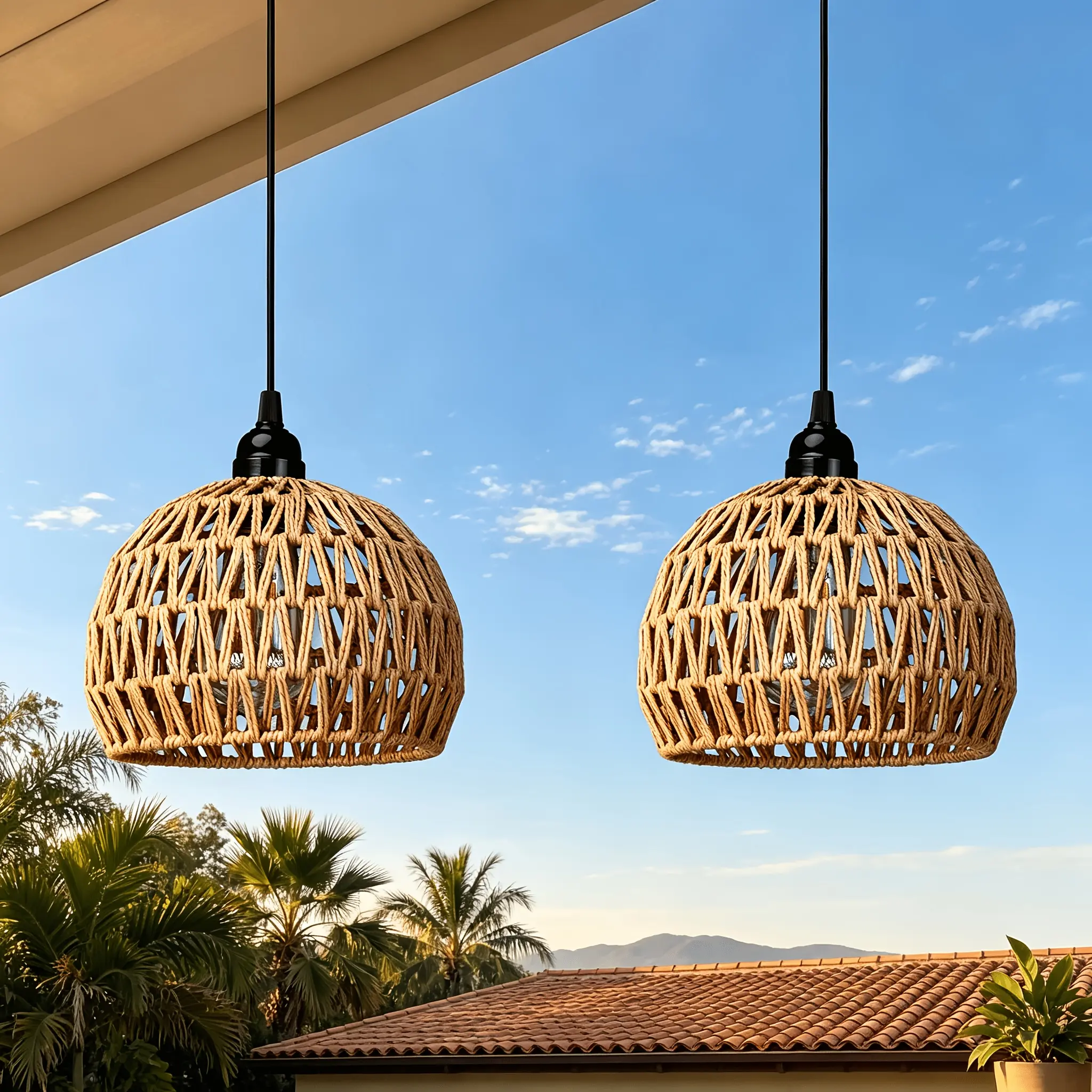 Boho Rattan Pendant Light - 14in Handwoven Wicker Dome Ceiling Hanging Lamp, Adjustable Height, Warm Glow, Decorative Accent, Modern Boho, Ornamental Indoor Lighting, Home Decor for Bedroom, Dining Room Island, Decorative Accent Ceiling Lighting