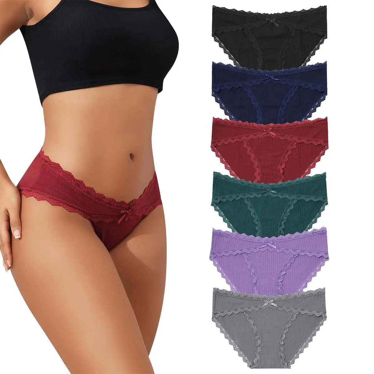 LEVAO Women Underwear Cotton Playful Bikini Underwear Women Lace Elastic Low rise Underwear Wavy Sides Invisible Panties Hipster Multipiece 6 Pack S-X