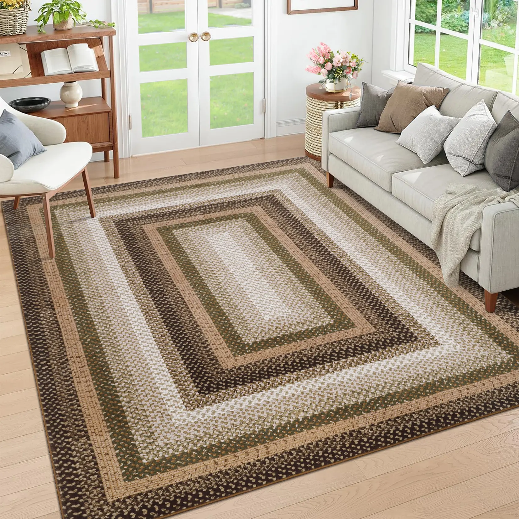 Modern Geometric Rug Braided Printed Carpet Washable Area Rug Soft Non-slip Thin Rug Foldable Indoor Carpet for Bedroom Living Room Bedside Home Decor