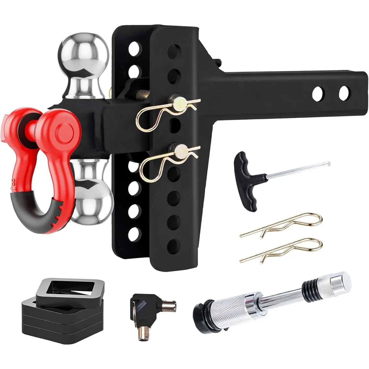 Adjustable trailer hitch with two balls, featuring a swivel tow shackle and anti-theft locking pin, suitable for 2-inch receivers, 2-inch and 2-5/16-inch trailer balls, compatible with camper trailers and truck trailers, can fit drilled holes.