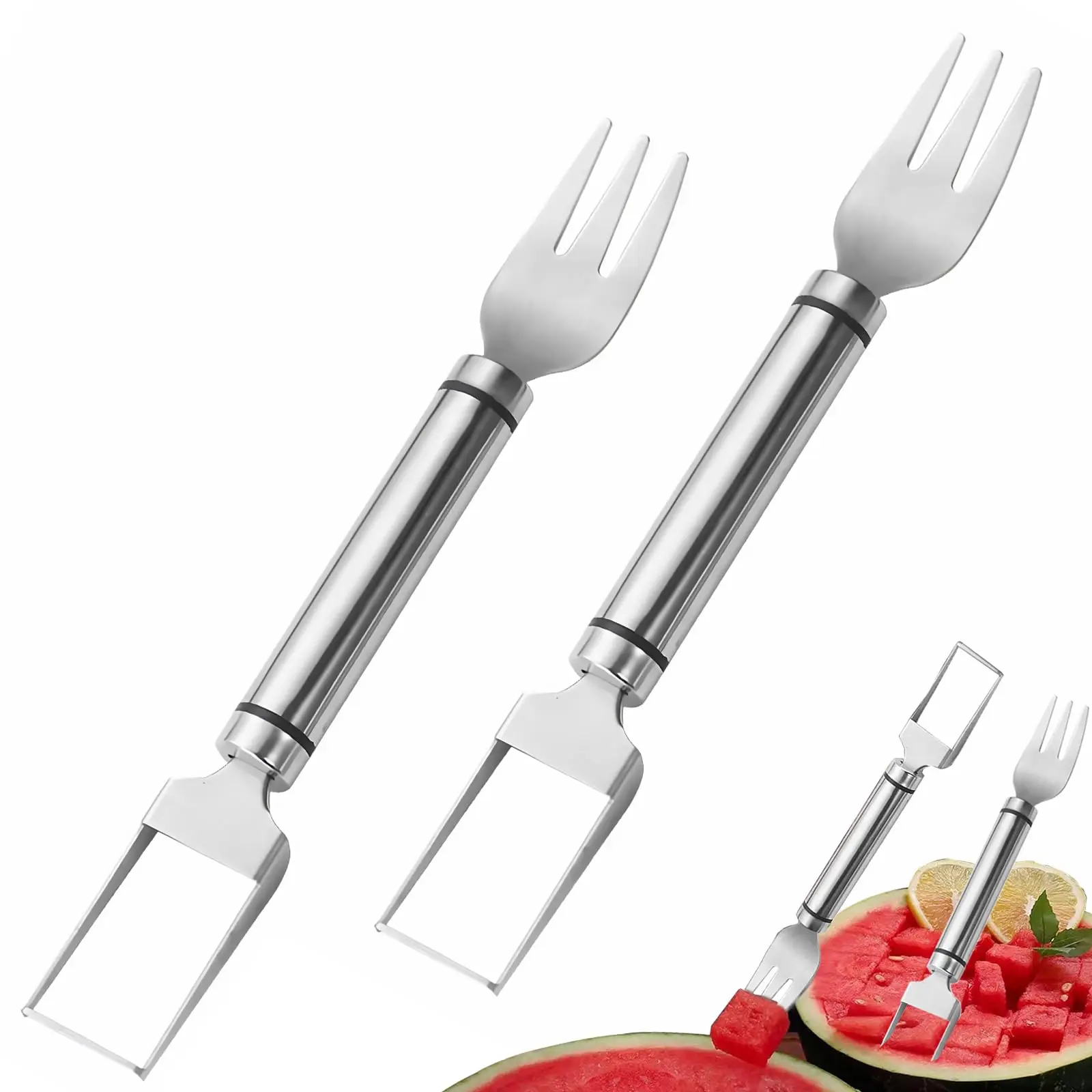2-Pack Professional Commercial-Grade Stainless Steel Watermelon Cutter – 2-in-1 Slicer and Serving Fork for Effortless Cubes and Wedges plastic tab
