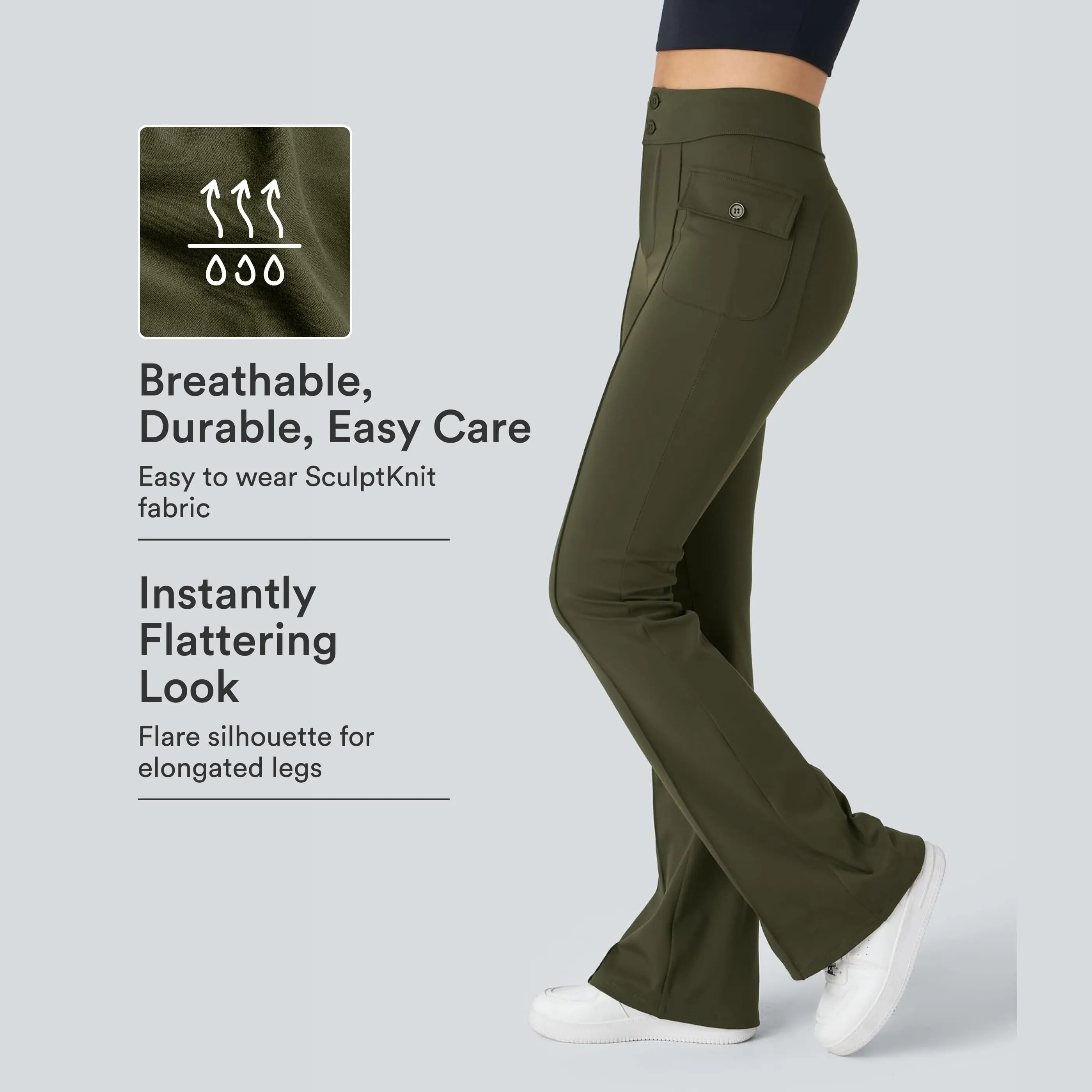 Halara High Waisted Button Side Flap Pocket Flare Casual Cargo Pants