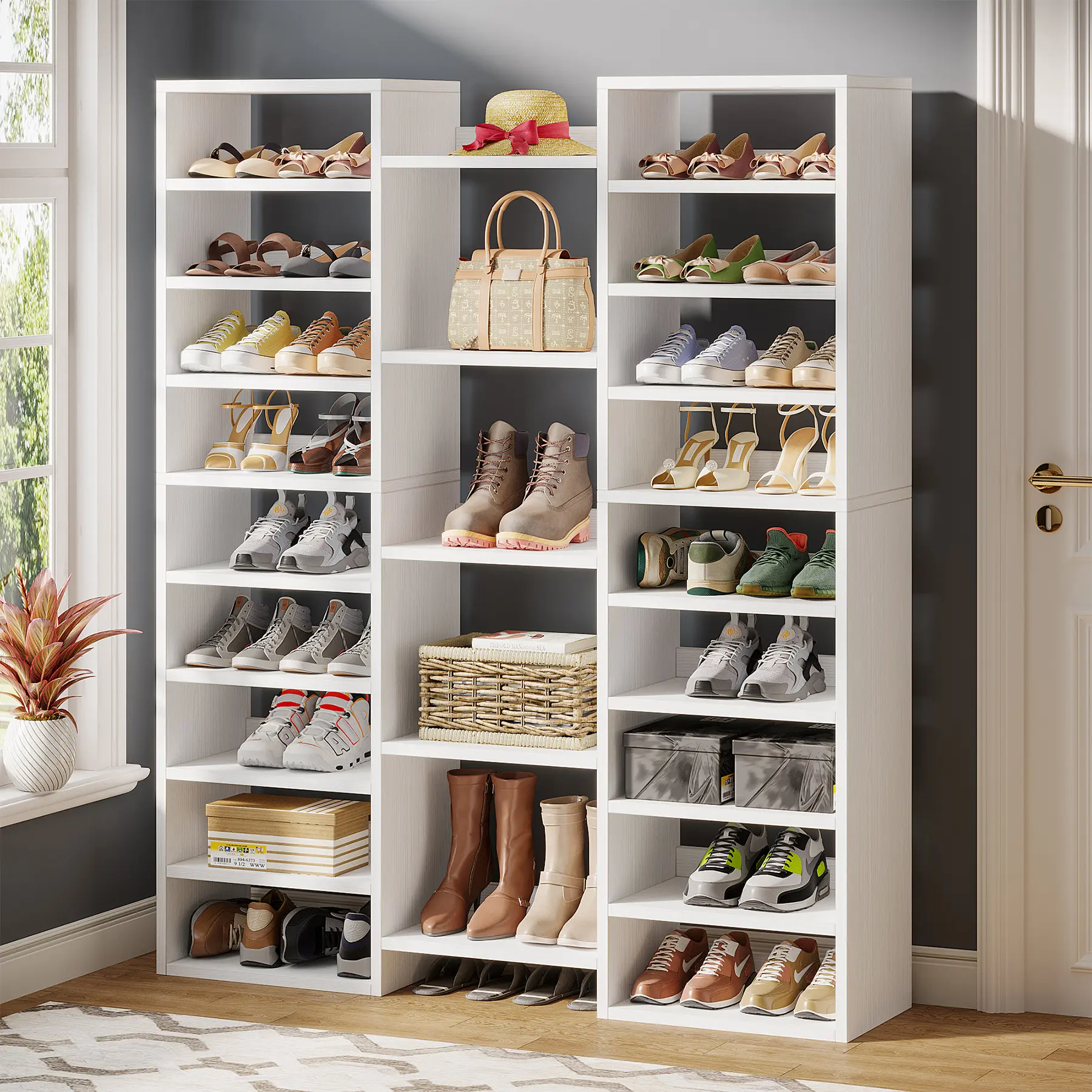 Tribesigns 14-Tier Shoe Rack, Freestanding Tall Shoe Shelf, White Wooden Shoe Storage Cabinet with 22 Open Cubbies, 46 Pairs Wide Entryway Shoe Organizer for Entryway, Living Room
