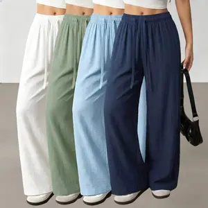 Women’s four piece set featuring loose, casual long pants made from polyester fiber—comfortable and versatile with a solid straight design, drawstring and pockets, suitable for everyday outings and outdoor activities.