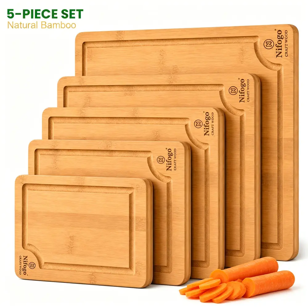 3/5-Piece Kitchen Bamboo Cutting Board Group - Food-Grade Wooden Prep Trays for Grilled Steak, Garden Vegetables, Cheese Serving - Tough Renewable Kitchen Utensils for Starter Home