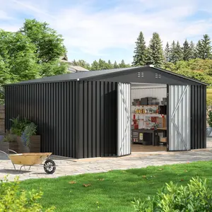 MNLR 14x12 FT Durable Heavy Duty Metal Building Shed, Steel Weatherproof Garden Shed with Lockable Double Doors, Reinforced Frame & Sloped Roof for Backyard Patio Storage, Durable Garden Shed