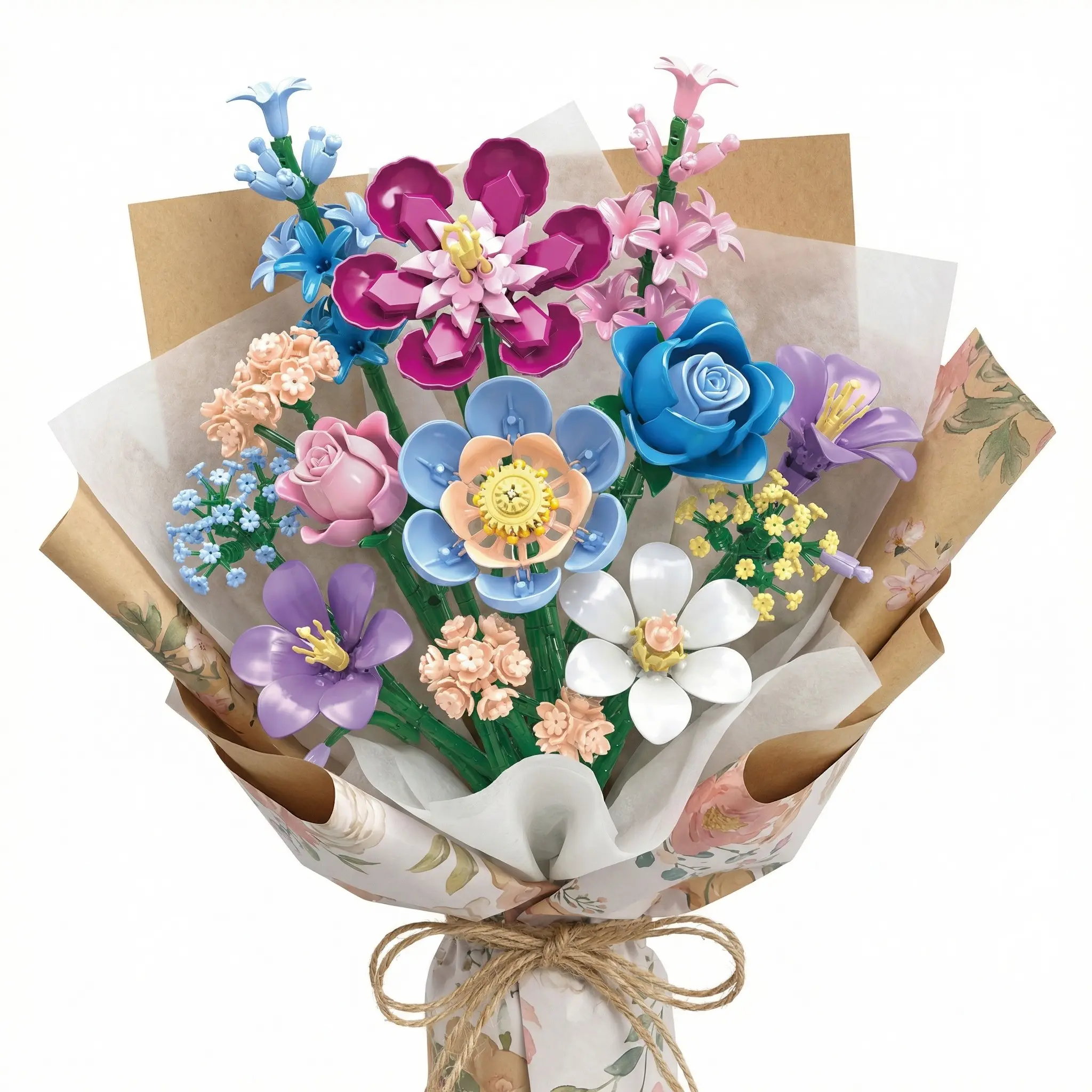 Spring Eternal Flower Building Block Bouquet, 730pcs Realistic Table Decor, Handheld Flowers, Decorative Flowers, Vibrant Faux Flowers, Artificial Flower Bouquet, Vase Insert, Home Office Decoration, Girl Valentine Gift, DIY Fake Flowers