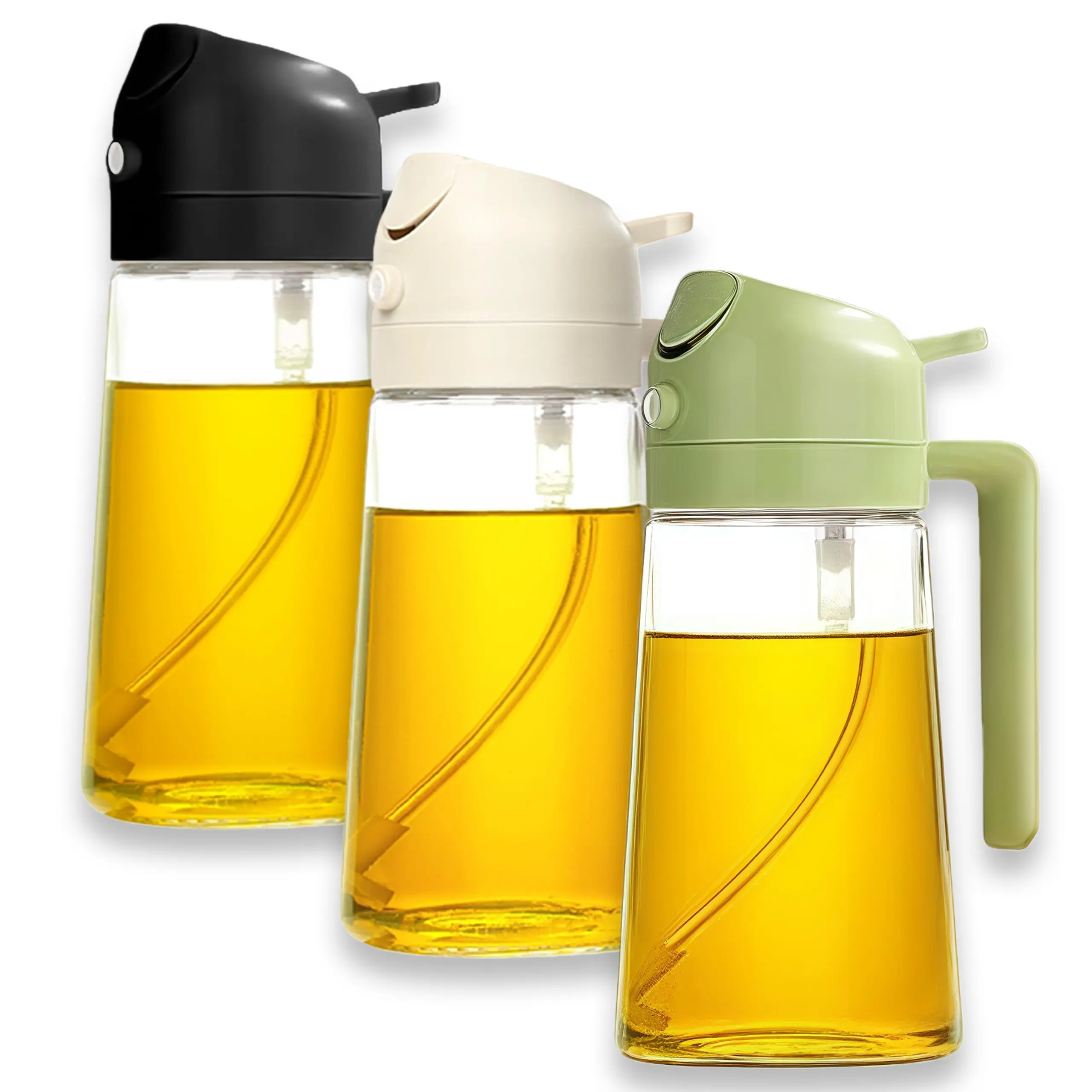 3 Pack Dual-Function Oil Dispenser & Sprayer, Multi-Color Glass Oil Bottle with Adjustable Pump, Leak-Proof Design for Olive Oil, Vinegar & Daily Cooking