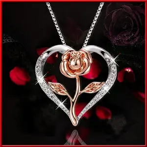 2PCS-Personalized Fashion Zircon Love Rose Silver Necklace, Diamond Rose Necklace Women