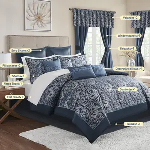 Brystol 8/24 Piece Room in a Bag Faux Silk Comforter Jacquard Paisley Design Matching Curtains Down Alternative All Season Bedding-Set