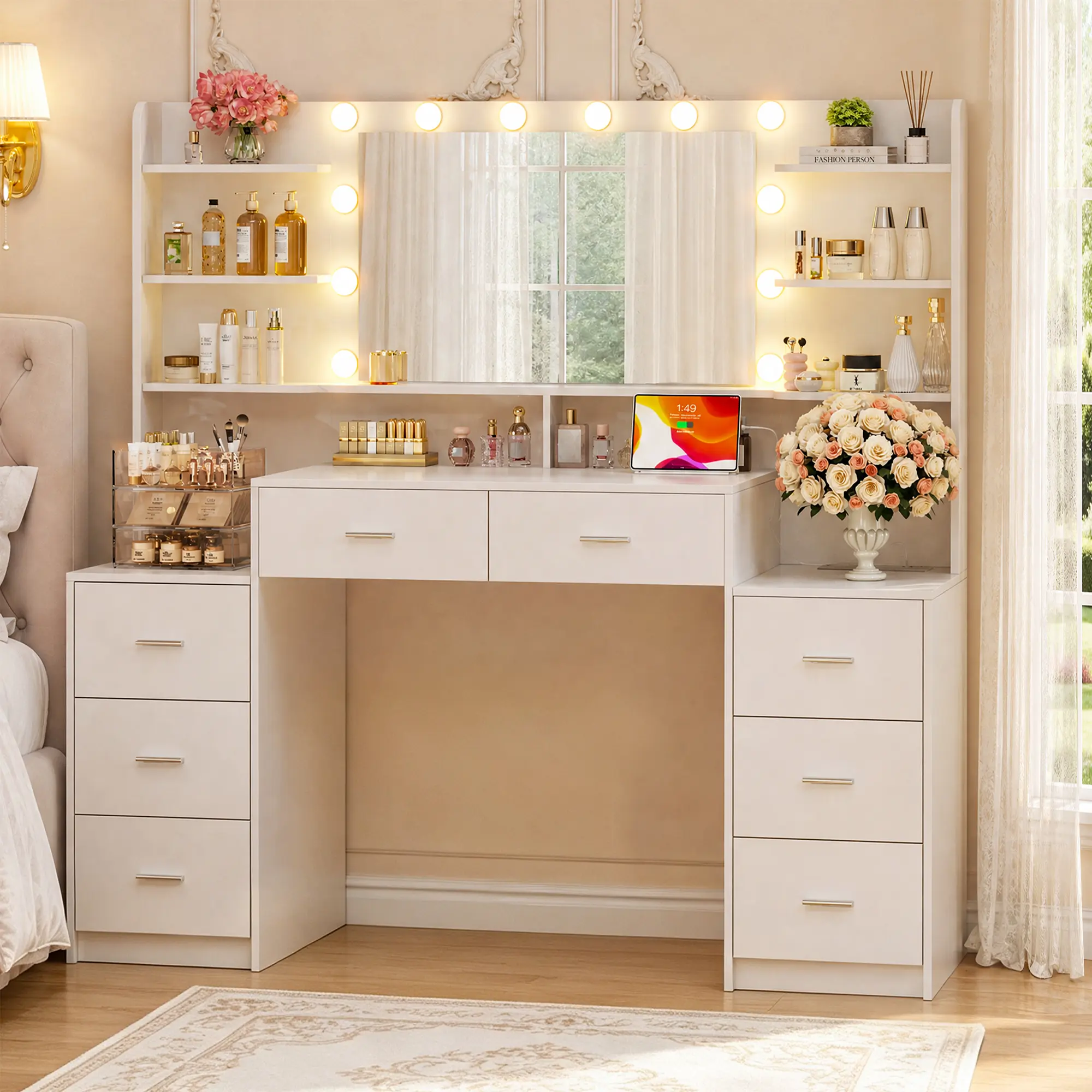 Large Vanity Desk with Mirror & Lights, White Makeup Vanity with 8 Drawers & 6 Storage Shelves, Vanity Set with LED Lights and Power Outlet, 3 Lighting Modes, Adjustable Brightness