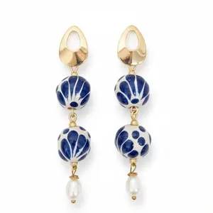 Elegant Blue & White handcrafted Talavera Earrings with Water Pearl Accents Gold-Tone Drop Design for Women