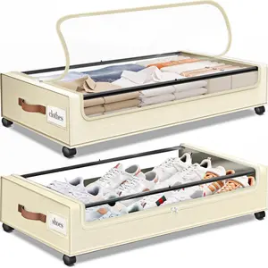 Under Bed Storage with Wheels, 2 Pack Under Bed Storage Containers with Dividers & Clear Lids, XXL Under the bed storage Organizer Bins, Underbed Storage with Wheels for Clothes (30.71 x 16.93 x 6.69 in,))