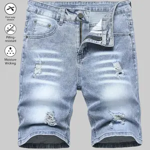 Men’s high-quality distressed stretch denim shorts, classic five-pocket design casual ripped denim shorts, light wash summer denim shorts suitable for men