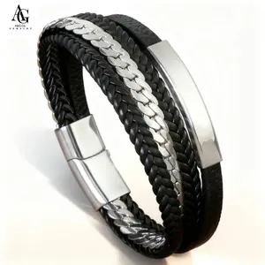 A&G Co. Men's Braided PU Leather Bracelet with silver-Tone Stainless Steel Magnetic Buckle - 21 cm, Lightweight & Durable, Black/Gold Color, Perfect Gift