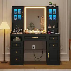 Sikaic LED Mirror Makeup Vanity with Charging Station and 6 Drawers & 7 Shelves Black Furniture Bedroom Organization Table