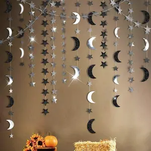 Cheerland Black Silver Moon Garland Twilight Birthday Decoration Star Streamer Gothic Party Decor Garland Ramadan Eid Mubarak Glitter Banner Celestial Wedding Baby Shower Summerween Halloween Decor