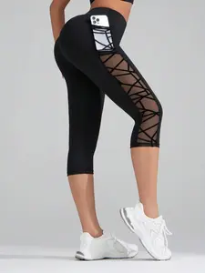 Women's Contrast Mesh Pocket Design Cropped Leggings, Sports Stretchy Leggings, Casual Sporty Comfy Breathable Skinny Pants for Yoga Gym Workout, Ladies Bottoms for All Seasons