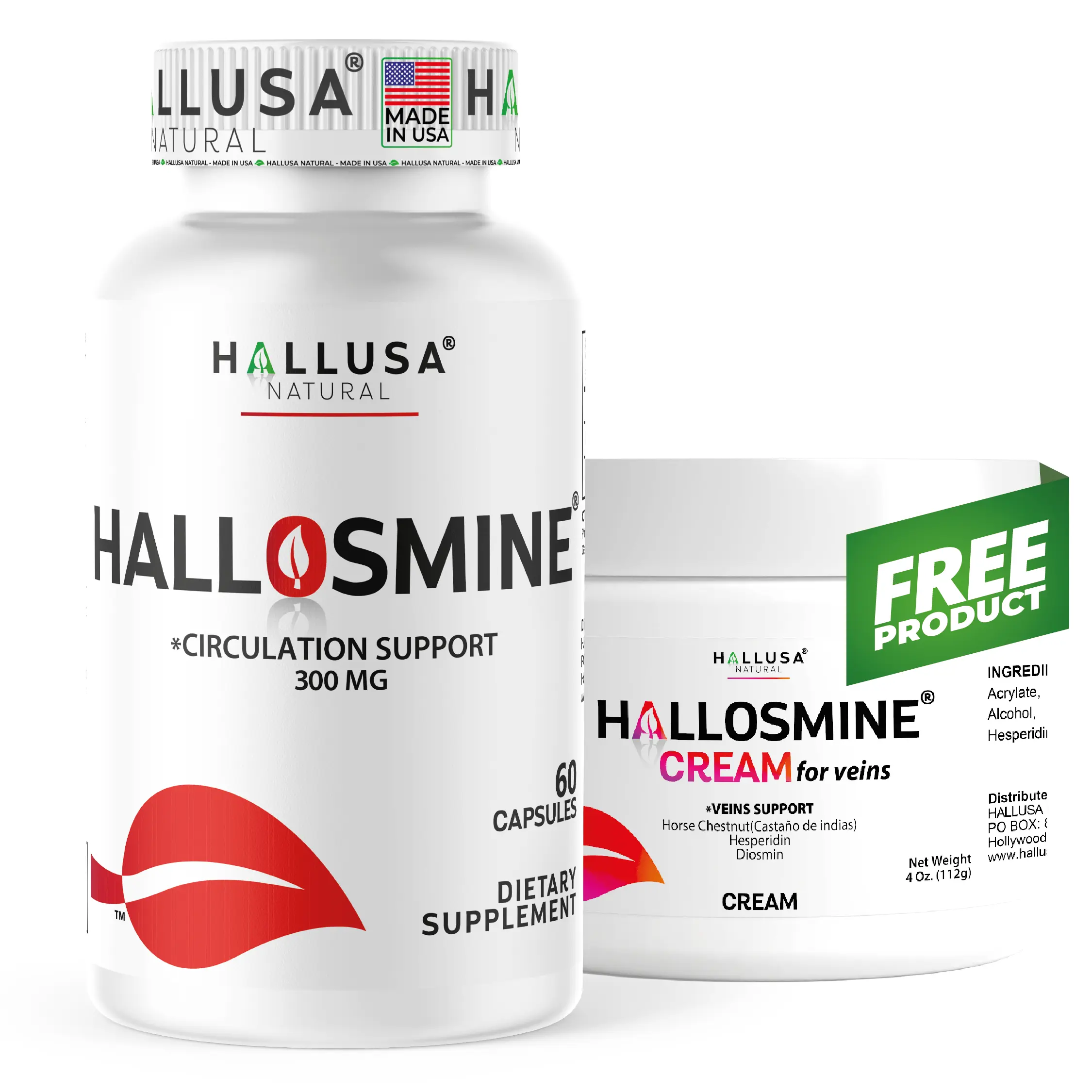 HALLUSA NATURAL HALLOSMINE 300mg Capsules & Free Cream Bundle, Blood Flow & Capsules Vitamins Supplements for Vein Support, 60-Count 30-Day Supply, USA-Made, Non-GMO, GMP-Certified Dietary Supplement, Blood Flow Supplements