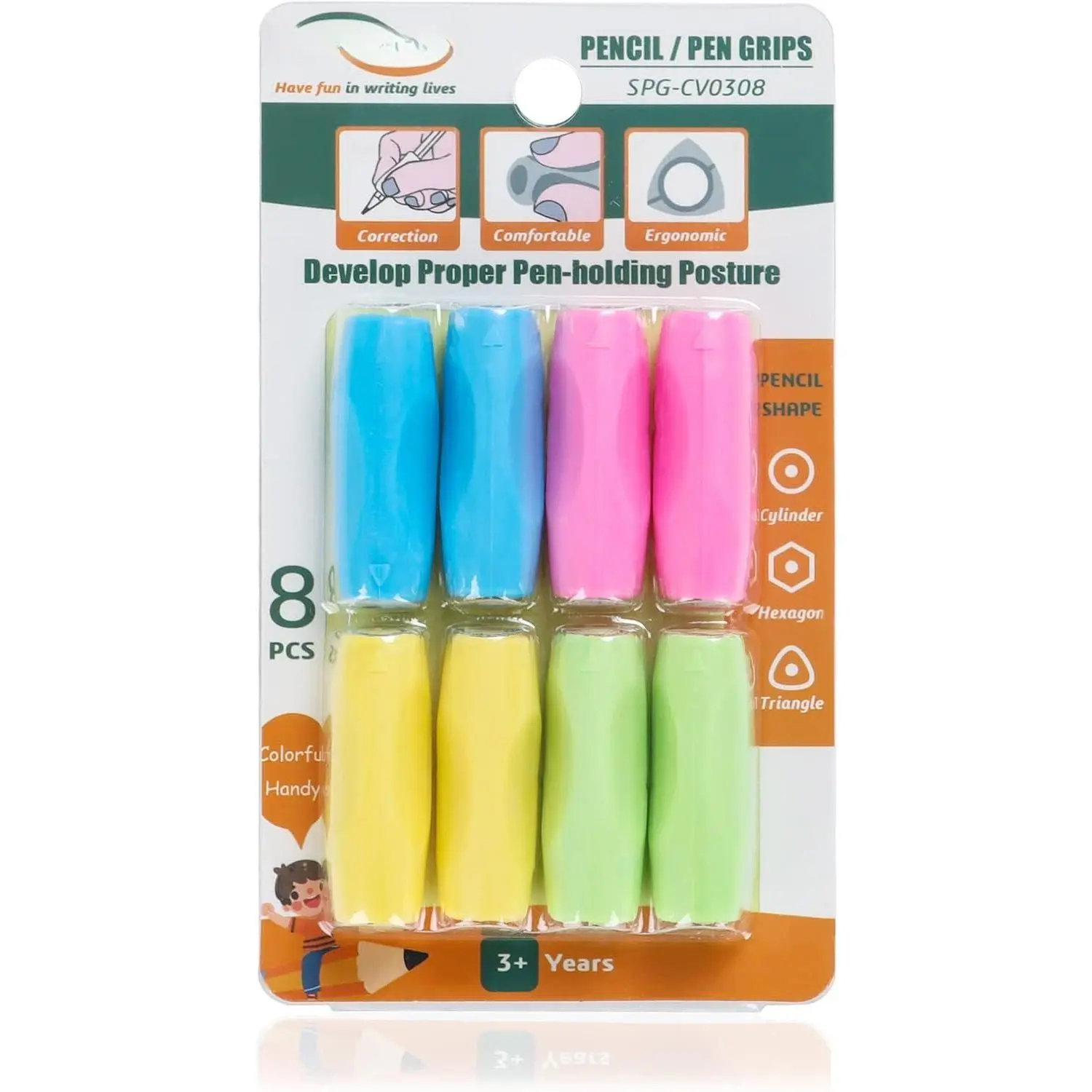 Pencil Grips  8 count for  and Adults Handwriting, Gel Pen Grips with 3 Concaves, 1 Pack 4 Colors