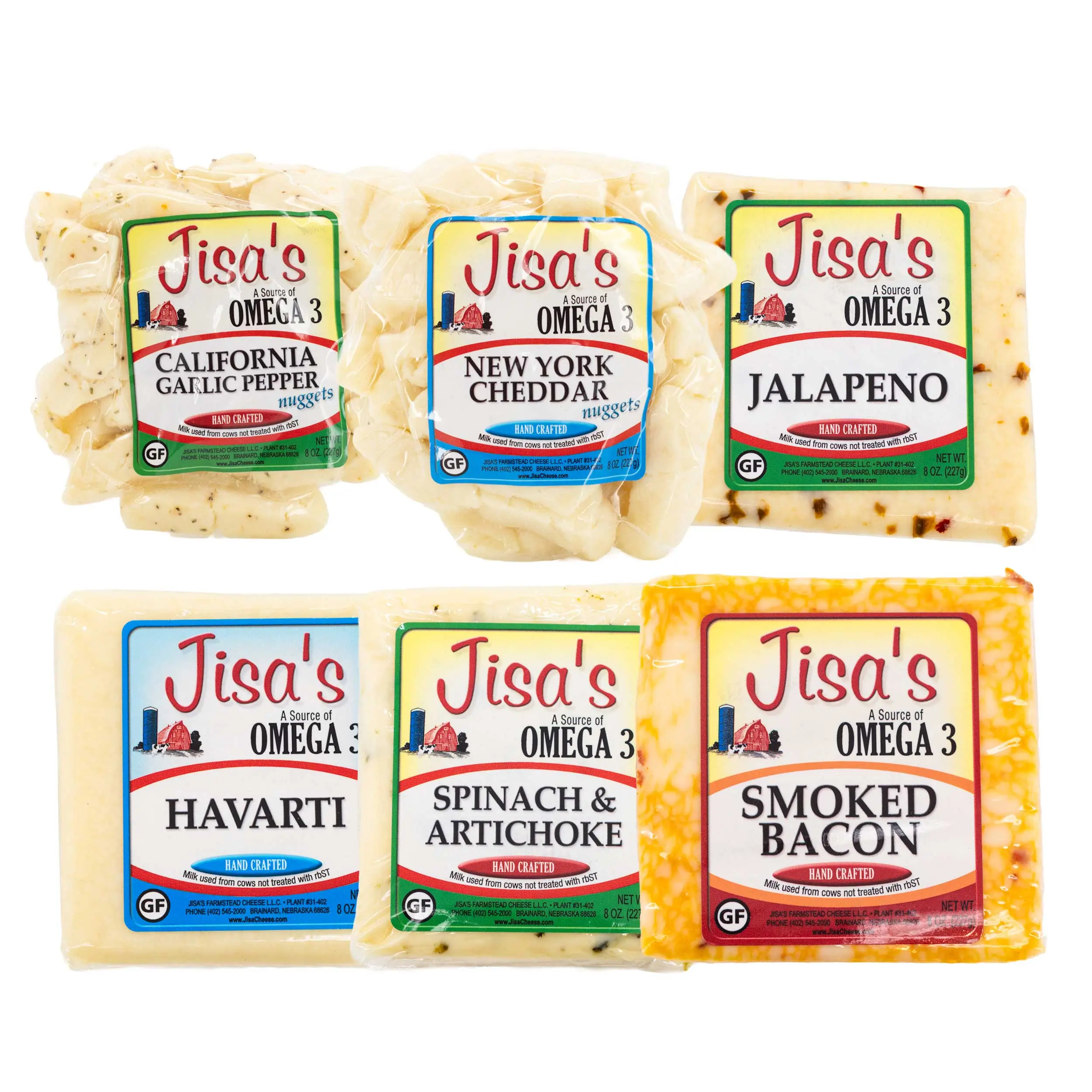 Cheese 6 Piece Sampler | Garlic Pepper, Cheddar, Havarti, Jalapeno, Spinach & Artichoke, Bacon | Jisa's Farmstead Cheese