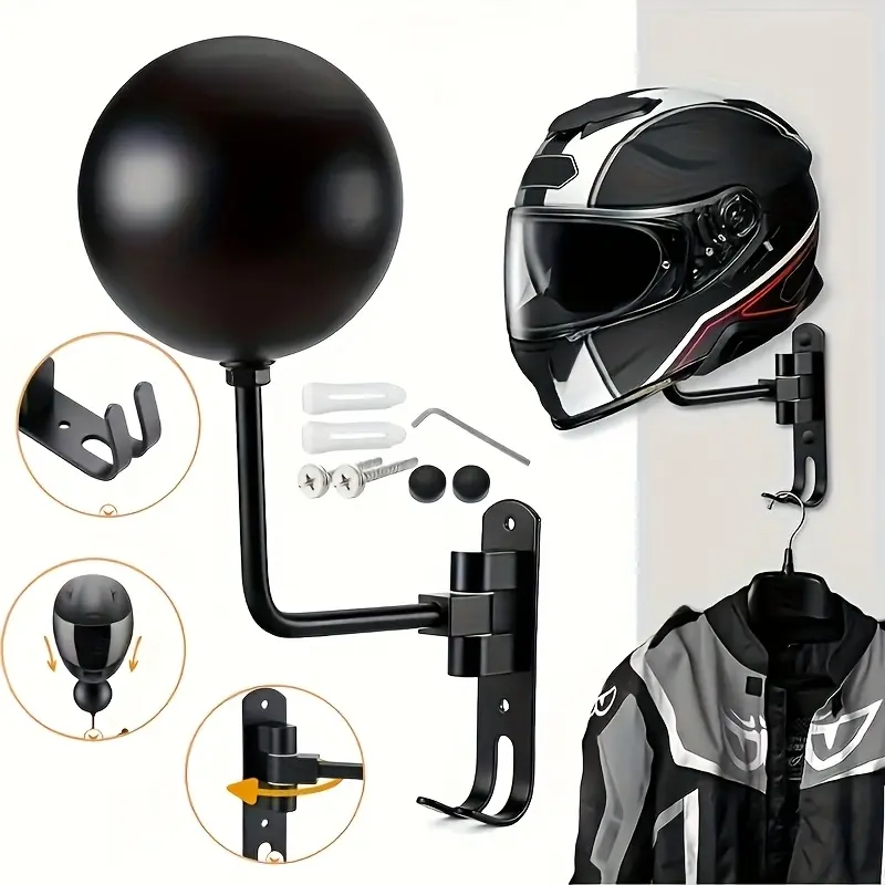 Helmet Stand with Hooks, Hat Rack, Hat Hanger Holder, Hat Organizer for Wall, Hook Storage Rack, Wall-Mounted Motorcycle Helmet Display Holder, 180 Degree Key Ring Hook, Living Room Accessory