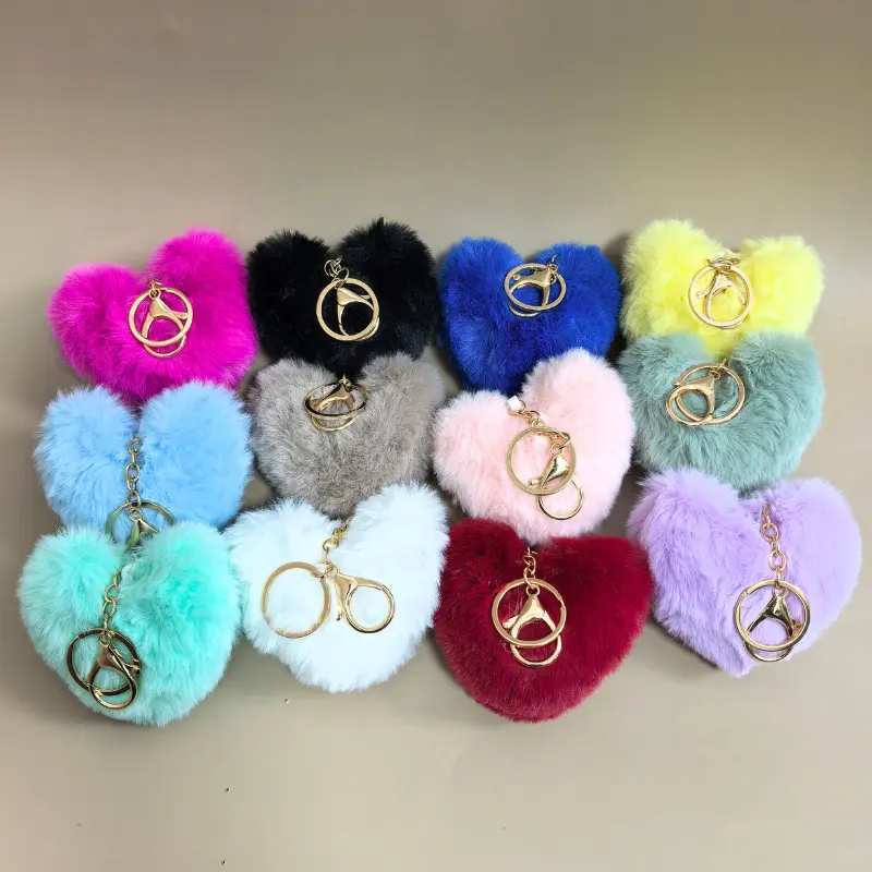 [Summers Picks] Unisex Colorful Copper Pink Heart-Shaped Fluffy Keychain, Geometric Love Pattern Romance Accessory for Couples, Bag Pendant or Valentine's Day Gift