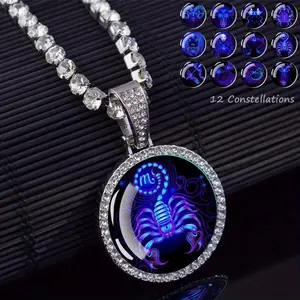 1 pc 12 Zodiac Sign Necklace – Aries/Scorpio/Leo/Virgo/Pisces/Capricorn, Glass Dome Rhinestone Pendant Chain Necklace for Men and Women, Astrology Fashion Jewelry, Birthday Gift