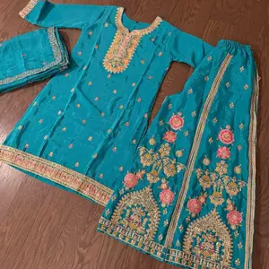 Heavy Chinon Three-Piece Traditional Outfit with Floral Embroidery and Gold Trim