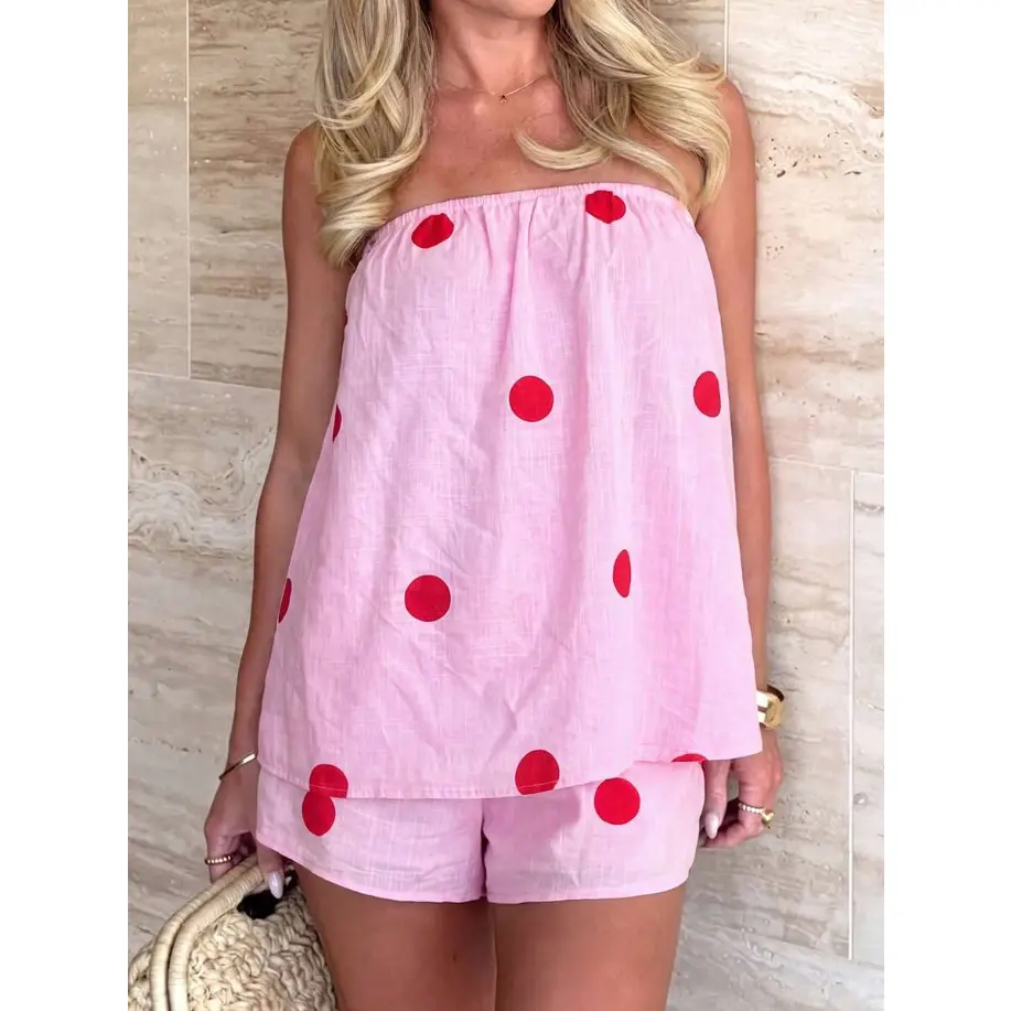 SHARPEN New Fashionable Elegant Polka Dot Print Tube Top & Loose Shorts Set, Casual Beach Holiday Garden Maternity Outfit Pink Summer