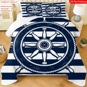 3 pcs, 2D flat print Nautical Ship Wheel Quilted Bedspread Set, Nautical theme, Naval theme, multiple sizes available, bedding set, festive decorative bedding, ideal for bedroom decor(1 bedspread , 2 pillowcases)