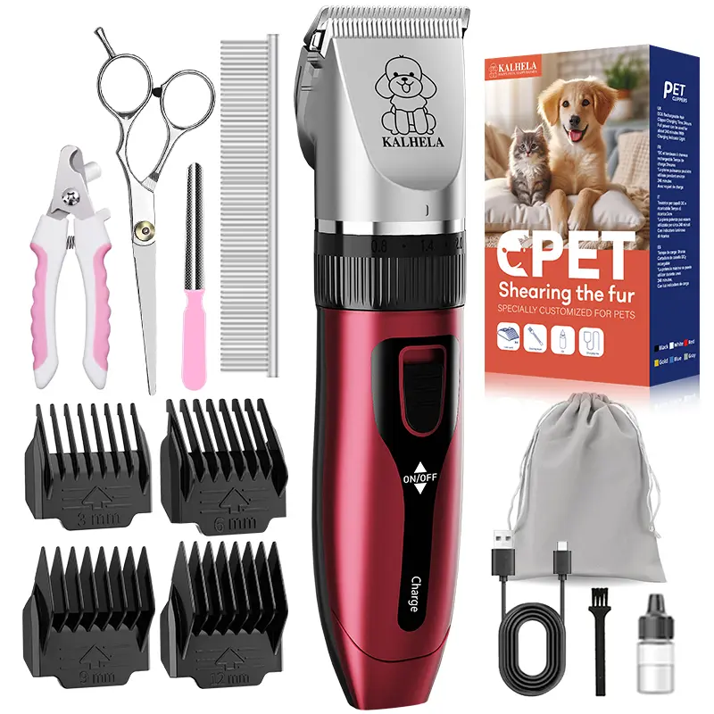 Cordless Rechargeable Low Noise Electric Dog Grooming Kit Clippers, Grooming Products for Thick Pet Hair, Suitable for Dogs and Cats (Red)