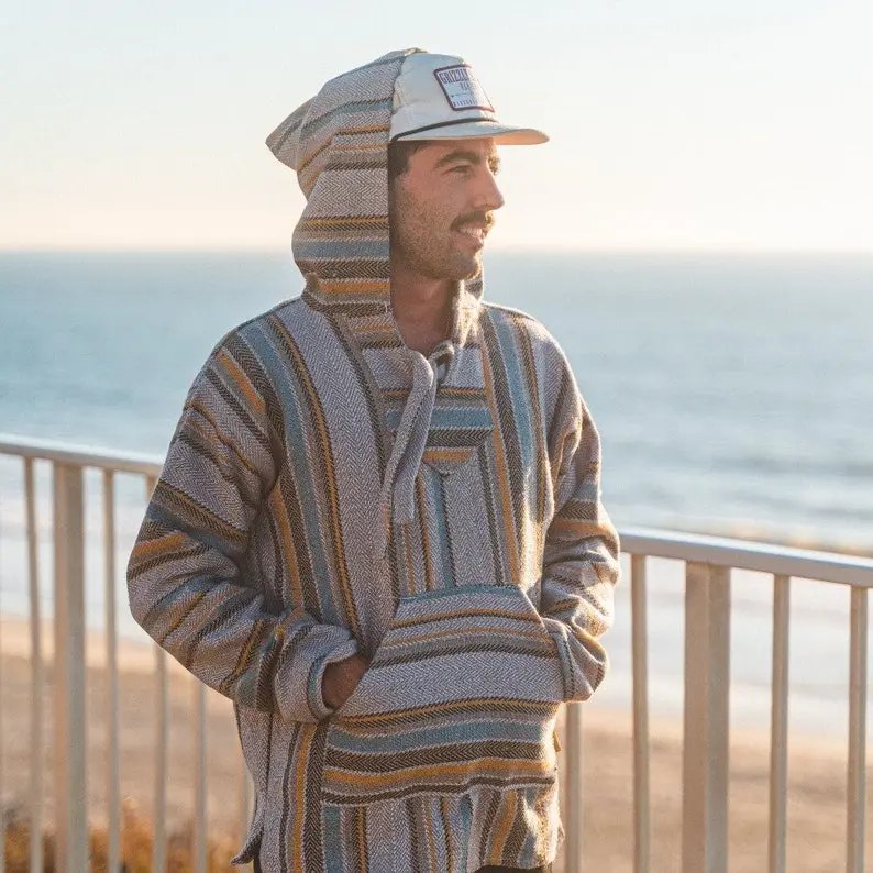 Mexican Poncho Baja Hoodie | Handmade in Mexico | Beige & Grey Stripes with Soft Inside & 100% Cotton | Relaxed Fit for Comfort - Comfy
