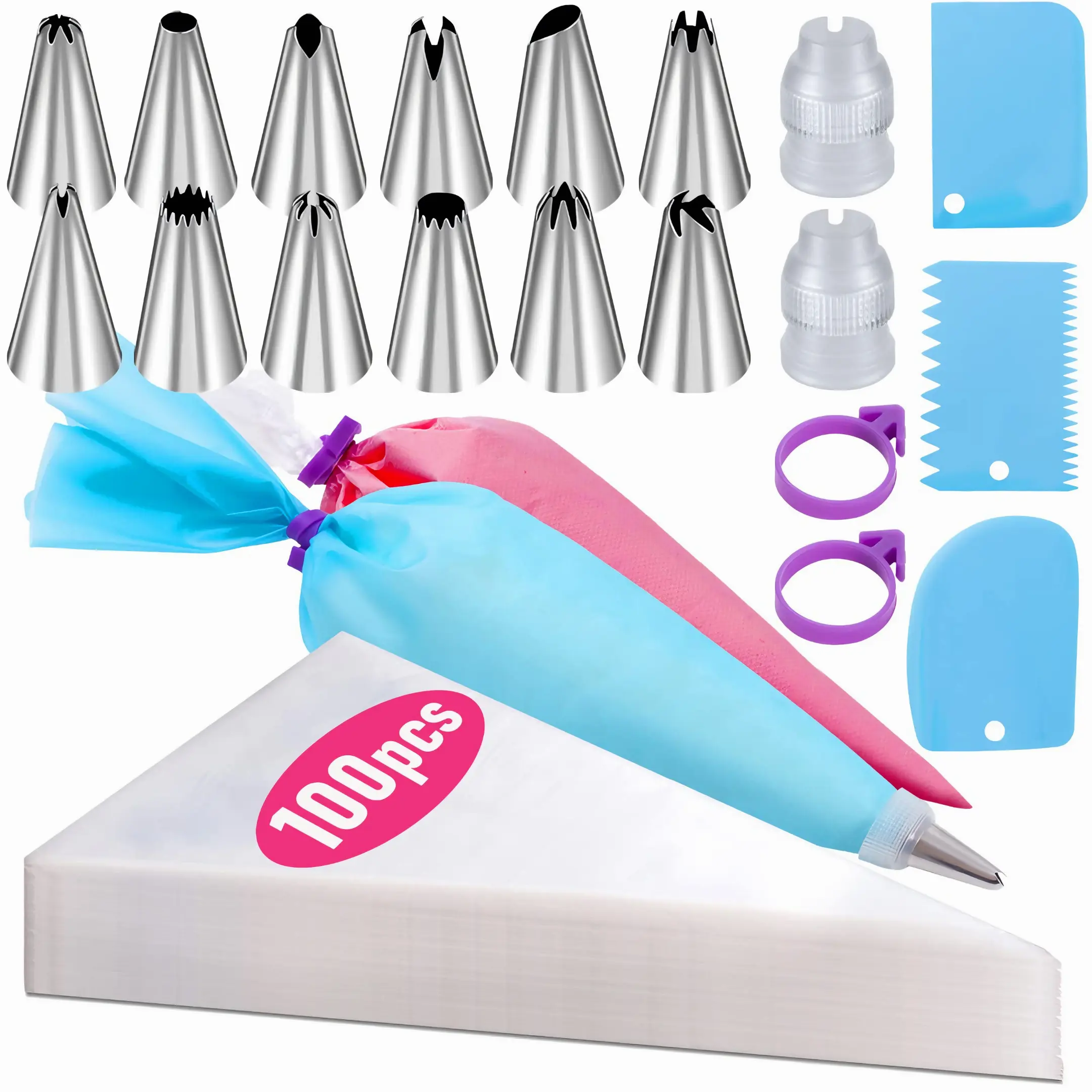 Pastry Decorating Tools Set, 100 Disposable Icing Bags, 1 Reusable Piping Bag, 1 Coupler, 12 Frosting Tips, 3 Cake Scrapers for Kitchen Bakeware Decorating