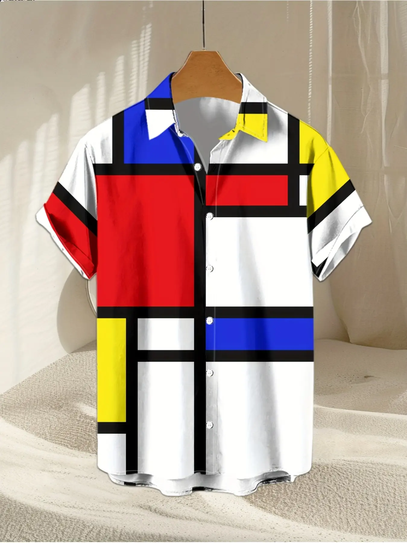 Men's Short Sleeve Shirt, Casual Collared Shirt, Modern Art Mondrian Colorblock Geometric Print, Casual Summer Leisure Shirt, Fitted Style, All over Print