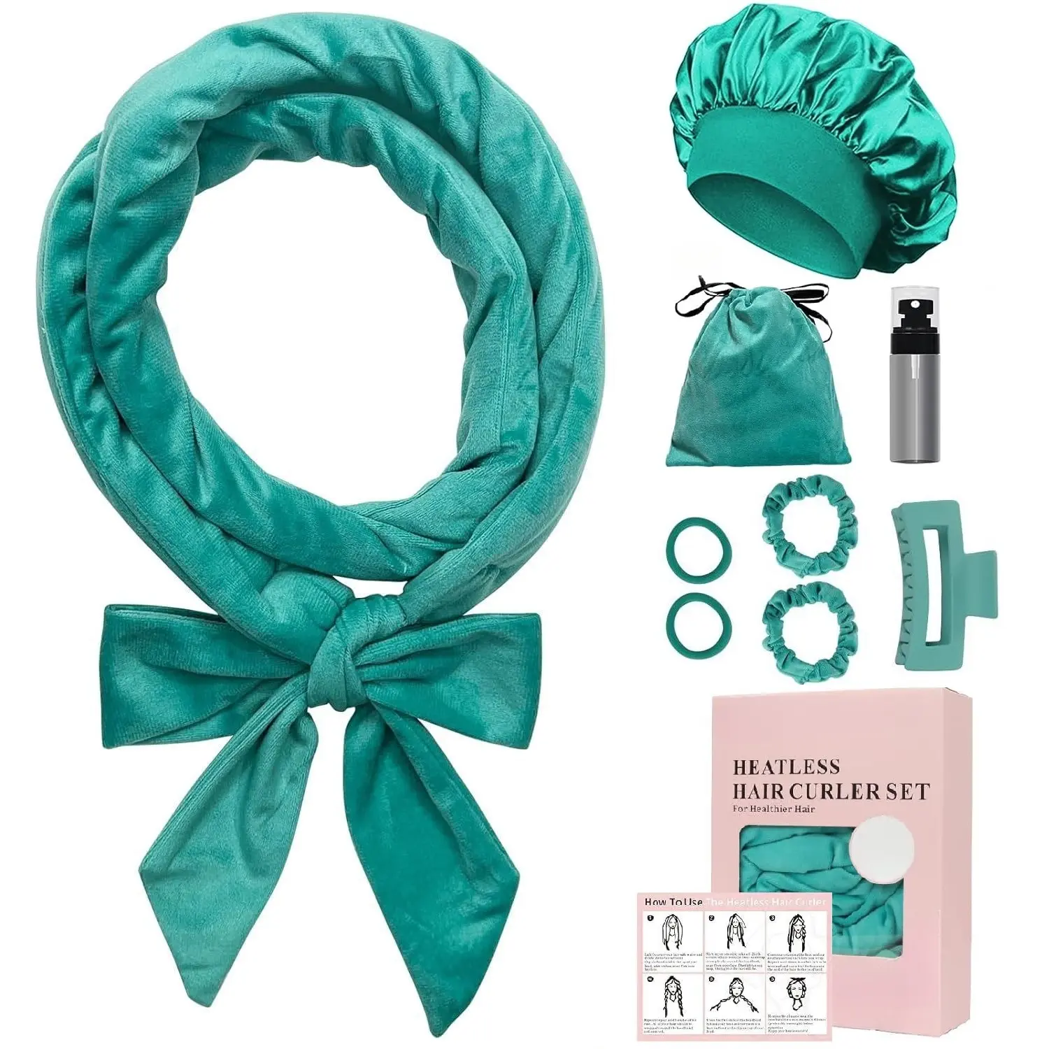 Long Hair No Heat Curler Set, 70 Inch Soft Velvet Overnight Curls, Includes Sleep Cap, Hair Ties, Clips, Spray Bottle, Storage Bag, Heatless Curling Set, Heatless Hair Curlers, Heatless Styling Tools