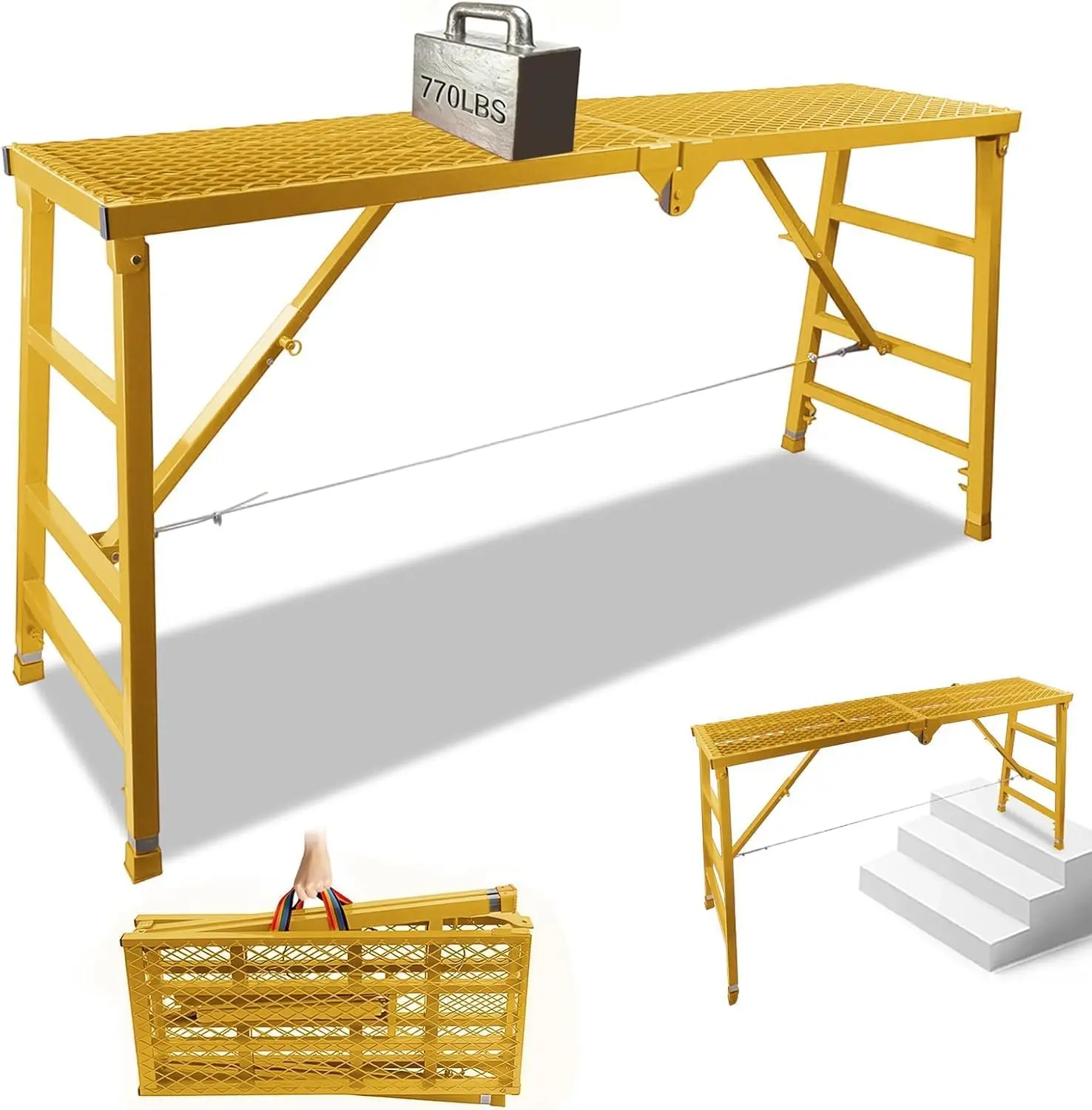 Foldable Scaffolding Platform, 36.2-62 in Adjustable Scaffolding Platform | 70.9 x 15.2 in Portable Work Platform for Painting, Wiring, Window Cleaning, Garage and Construction, Yellow, 770 lb