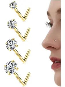 14K Gold Filled Nose Studs 316L Steel Nose Rings Studs 6A Cubic Zirconia Corkscrew L Shaped Nose Piercing Hypoallergenic Nose Rings for Women Men 20G Nose Ring Jewelry