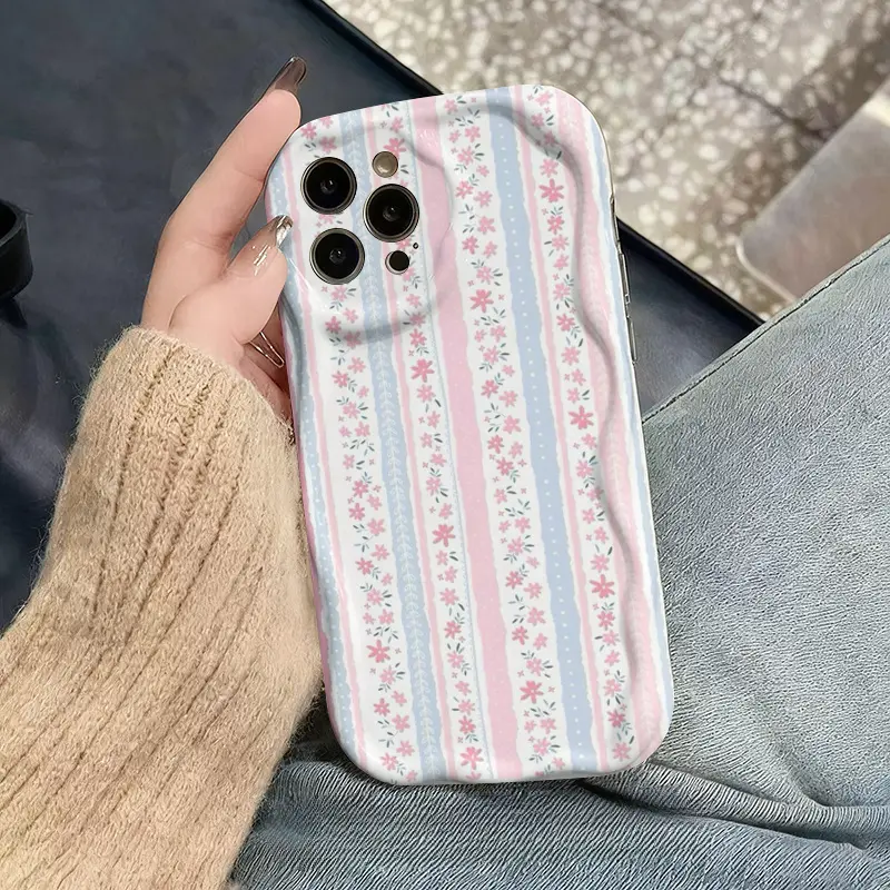 TPU Smartphone Case - Floral Patchwork & Striped Pattern, Shockproof, Anti-Slip, Wavy Edges, Compatible with iPhone 17,16,15,14,13,12,11,XS,X Series, Handheld Cellphone Protection for Devices, Ideal Gift for Friends/Family